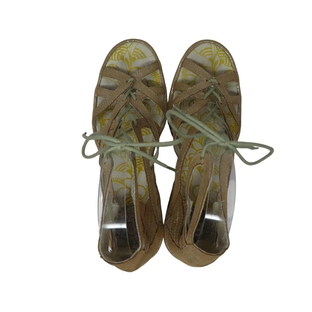 Fly London Yuke Wedge Sandals Women 38 Gold Metallic Lace Up Gladiator